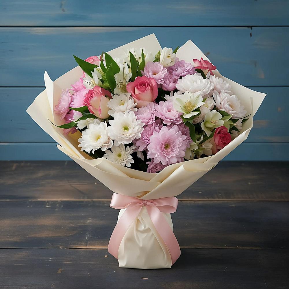 Букет цветов из: Хризантемы, Альстромерии и Розы в Балаково